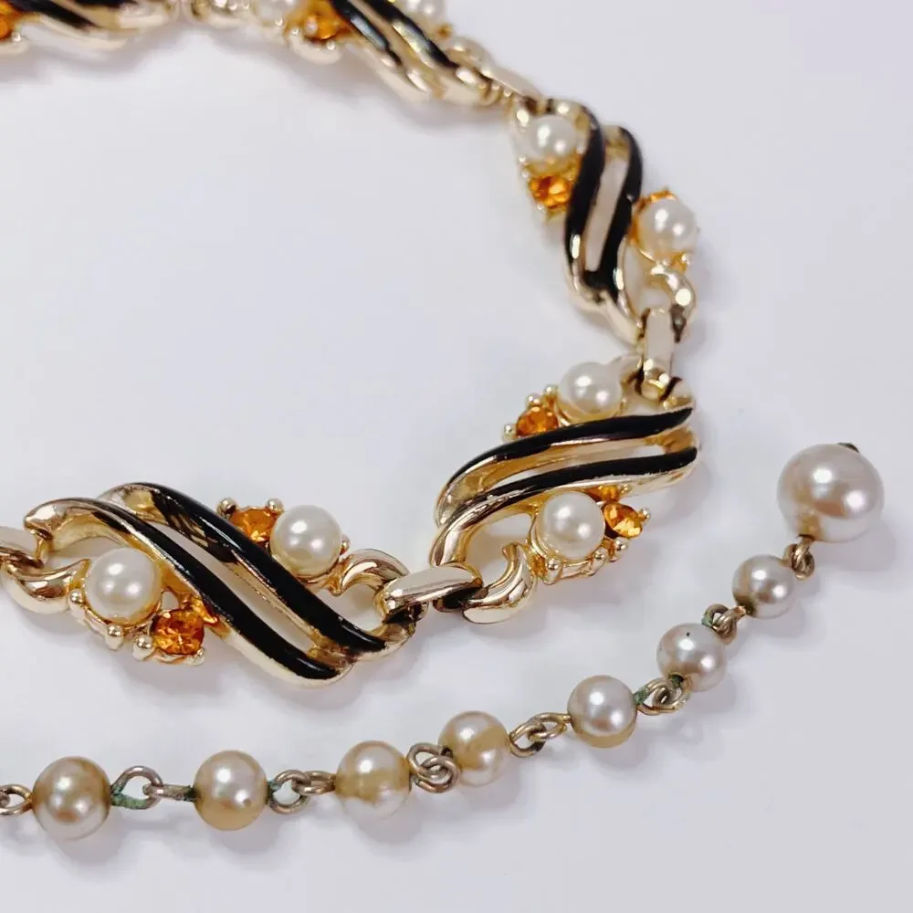 Vintage 50s Gold Tone Black Enamel Faux Pearl Rhinestone Link Choker Necklace